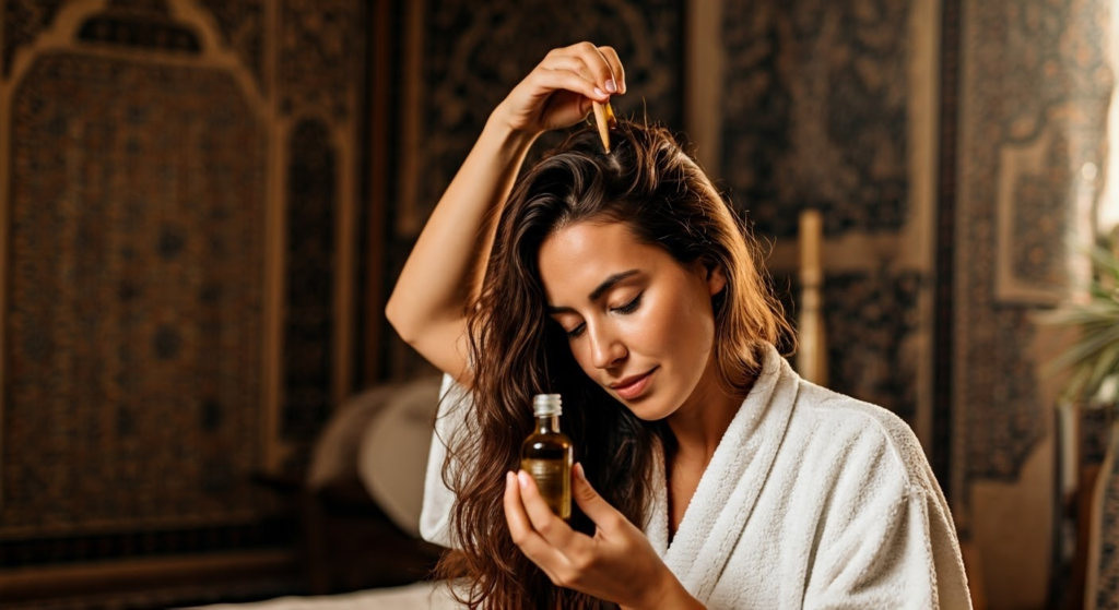 Applying Argan Oil to the women hair Moroccan Tales: A blog that explores Morocco's culture, traditions, cuisine, and travel.