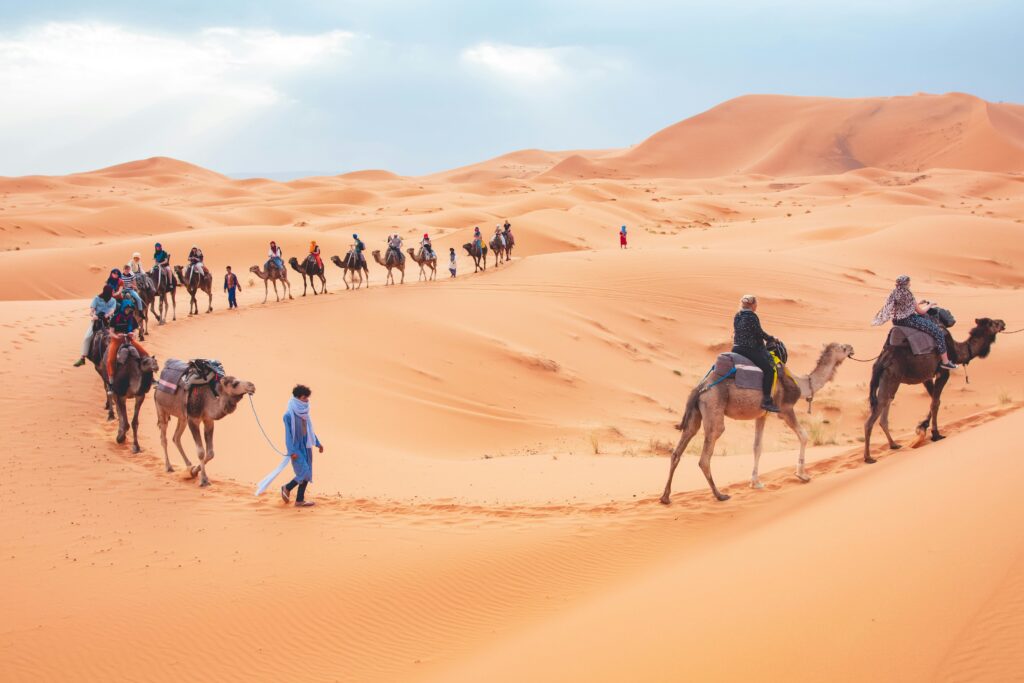 pexels-photo-12214734-12214734 Tourists ride camels across the scenic sand dunes of Merzouga, Morocco.